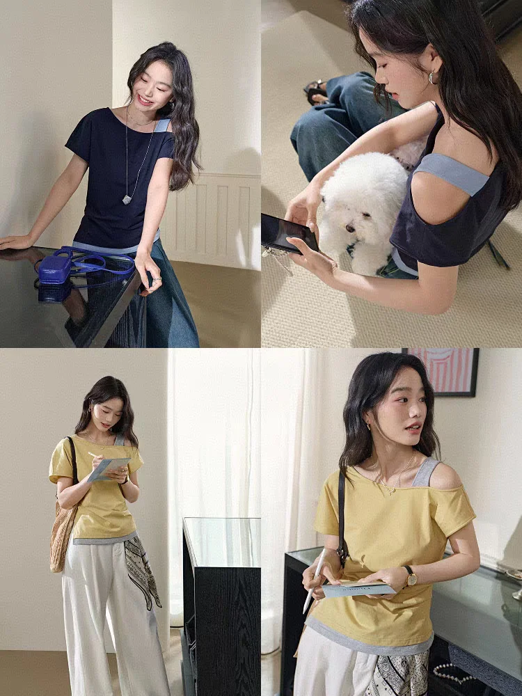 Spor Sle blanc ort Sve T-shirt pour femmes oulder Baring Design haut amincissant trajet Sle mélange de coton de couleur Pure