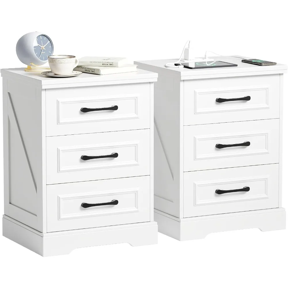 

Night Stand Set 2 with Charging Station, 26" White Wood Chest Nightstand with 3 Large Drawers, Farmhouse Bedside Table with USB,