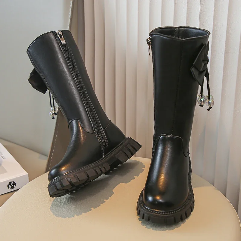 Bottes hautes décontractées pour enfants avec fermeture éclair latérale, bottes chics pour tout-petits, document solide, mode polyvalente, noir et beige, enfants et filles