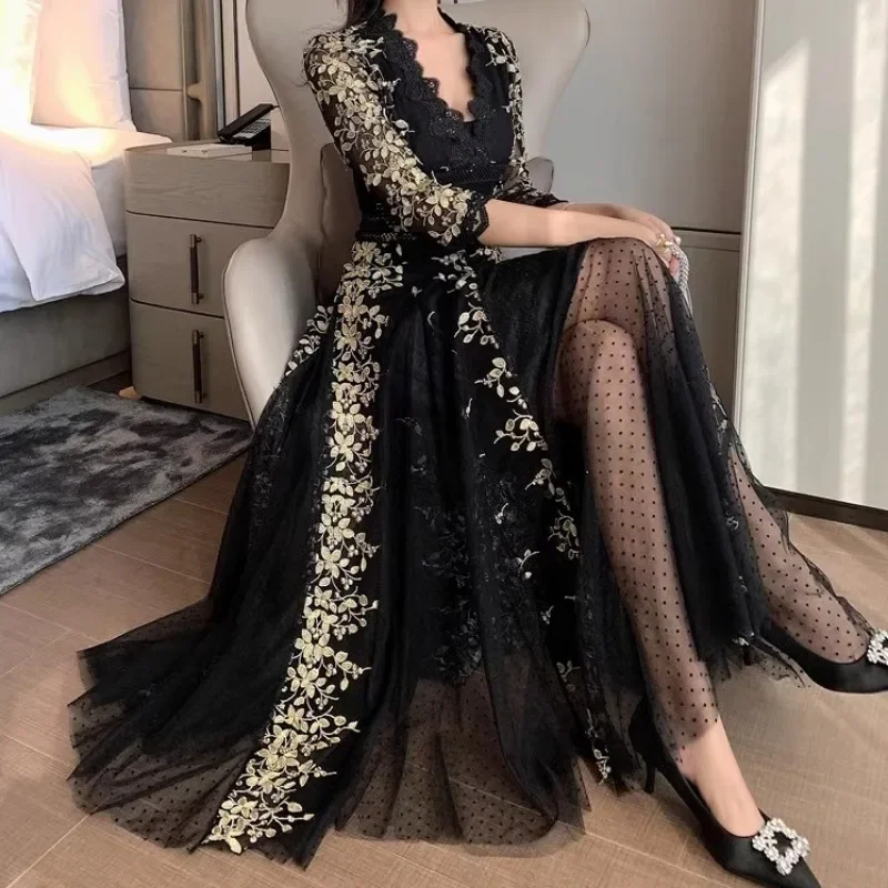 Black Woman Clothing Embroidery Mesh Dress Woman Long Sleeve V Neck Lace Long White Dresses Party for Lady Vestidos