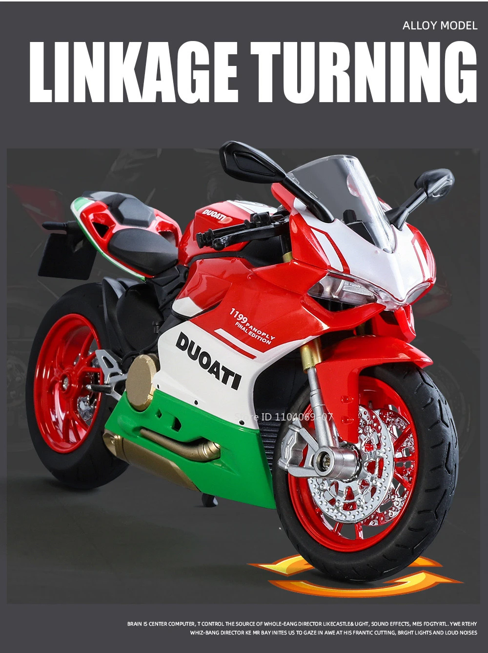 Maßstab 1:12 1199 Motorrad-Spielzeug-Modellautos, Legierung, Druckguss, Stoßdämpfung, Ton, Licht, Kettengestänge, Simulationsmotoren für Jungen – Detail 9