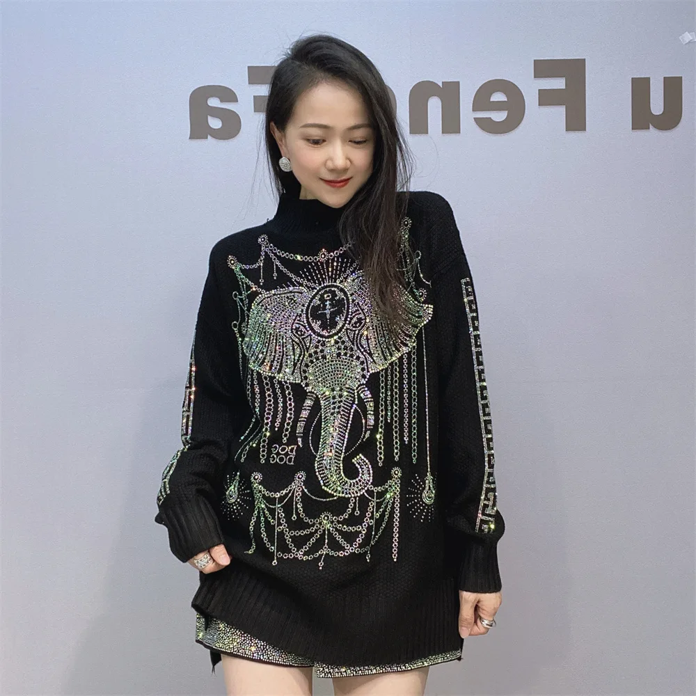 Hot Diamond Long-sleeved Black T-shirt Women Long-sleeved Outer T-shirt Loose Diamond-encrusted Bottoming Shirt Autumn