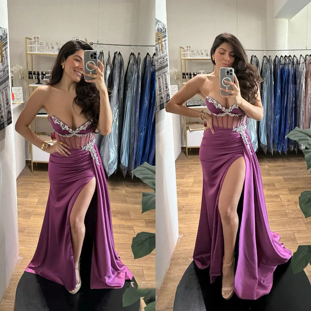 Crystal Satin Prom Dress for Women 2024 High Slit Long Ball Gowns Exquisite Deep V-Neck Sequin Formal Evening Party Dresses