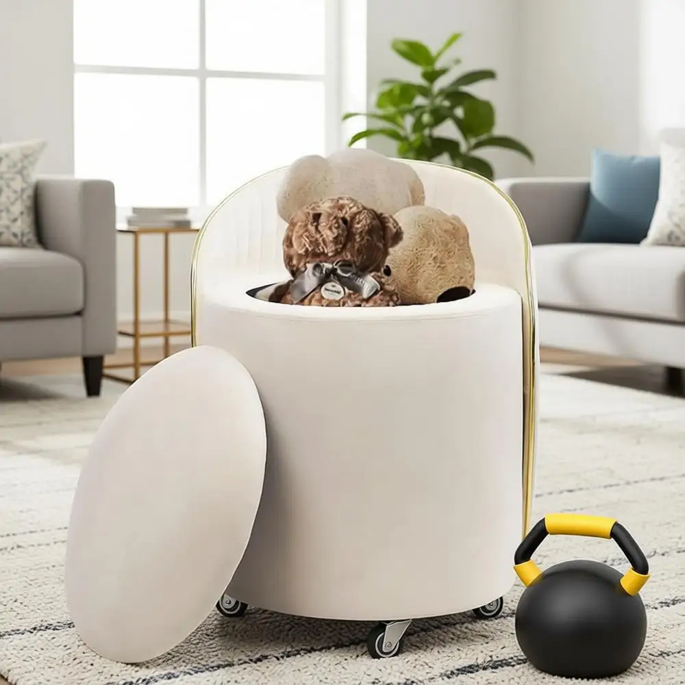 

Velvet Upholstered Storage Ottoman with Lumbar Support, Swivel Wheels, Ideal for Vanity, Coffee Table, Makeup, Living & Bedroom