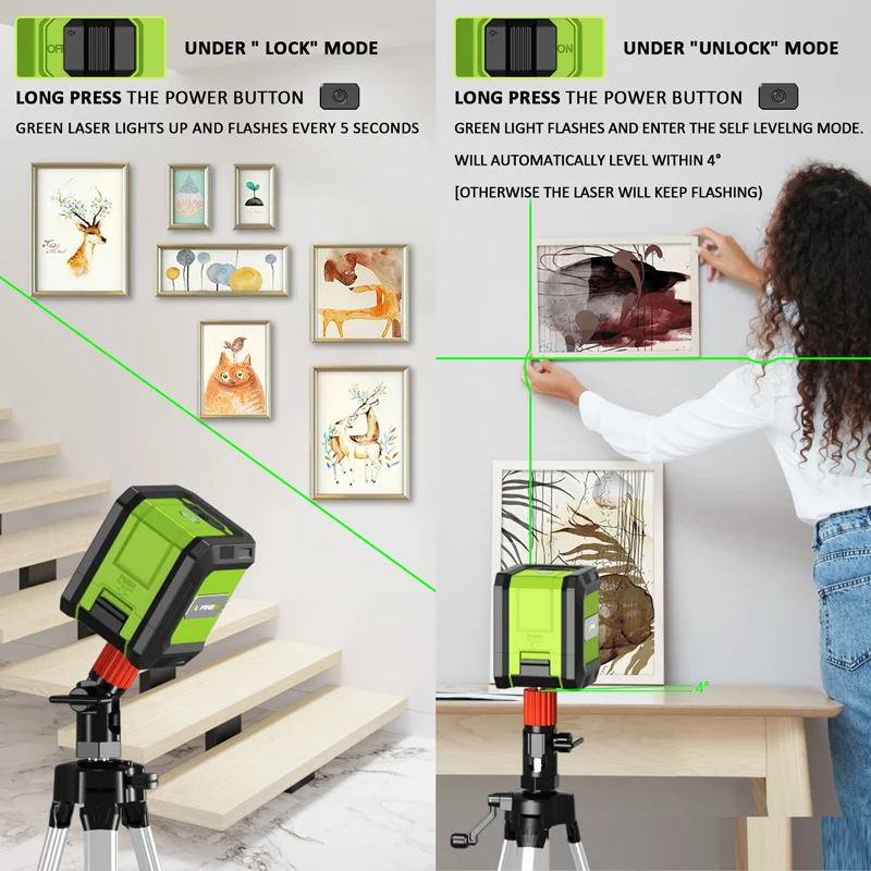 Lfine 2 Lines Mini Professional Laser Level Self Levelling Green Beams Laser Horizontal & Vertical Cross-Line Laser Level Tools