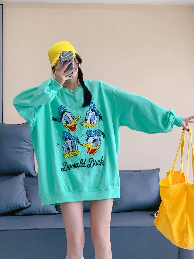 2025 Autumn New Loose Mid-Length Embroidered Cartoon Long Sleeves Versatile Hoodies Heavy Industry Women's Y2k Sweatshirt Jacket