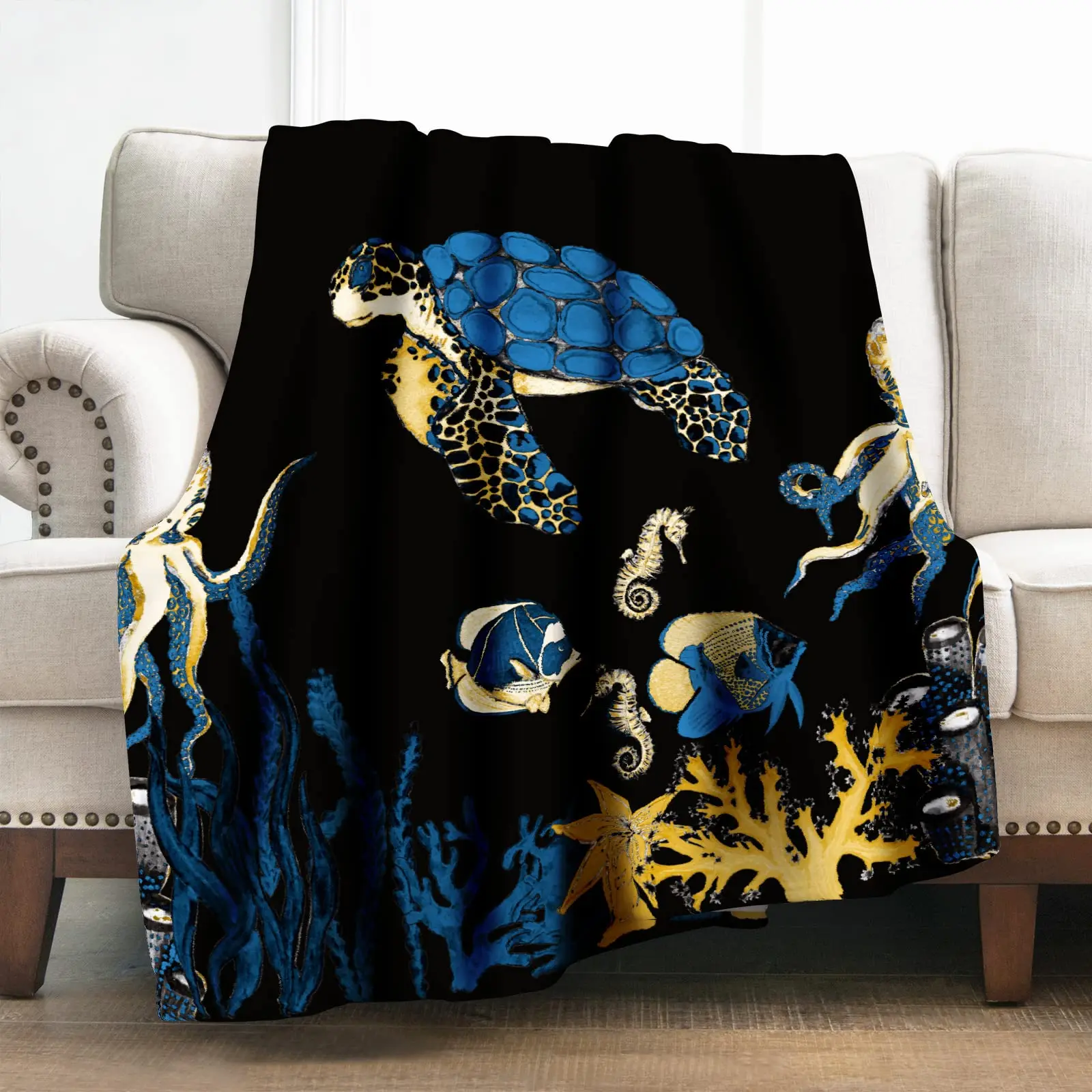 Sea Turtle Throw Blanket Ocean Animal Turtles Theme Living Room Decor Blanket Underwater World Lightweight Flannel Blankets