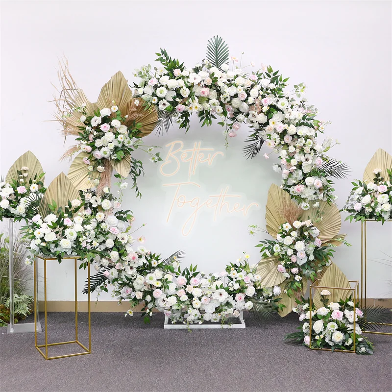 Wedding Decorations Pink White Green Flowers Arrangement for Party Event Hotel Background Decor Pu Fan Artificial Floral Stand