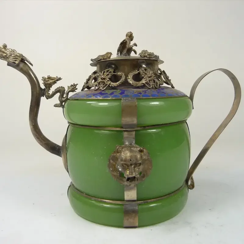 

Collectible old china handwork superb jade teapot armored dragon lion monkey lid decoration metal handicraft