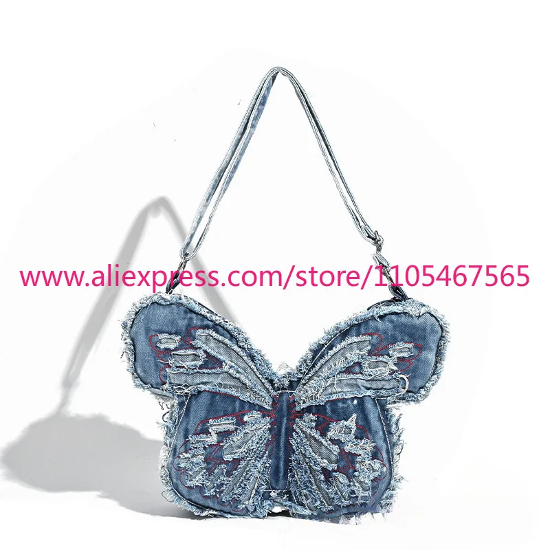 YUYI women's butterfly-shaped punk washed denim bag, polyester lining, zipper opening and closing, fashionable niche design