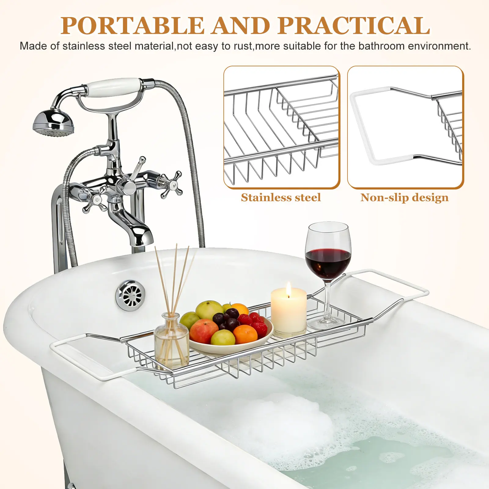 1Pc Chrome Plated Stainless Steel Telescopic Bathtub Tray Non-slip Multifunctional Bath Rack with Phone Holder for Home Relaxing