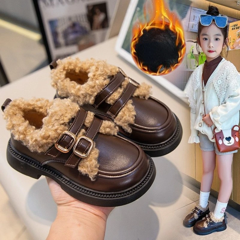 Girl Shoe Kid Lamb Fur Plush Leather Shoe Winter British Warmth Cotton Shoe Fashion Princess Loafers Shoe Kid Shoe Mary Jane