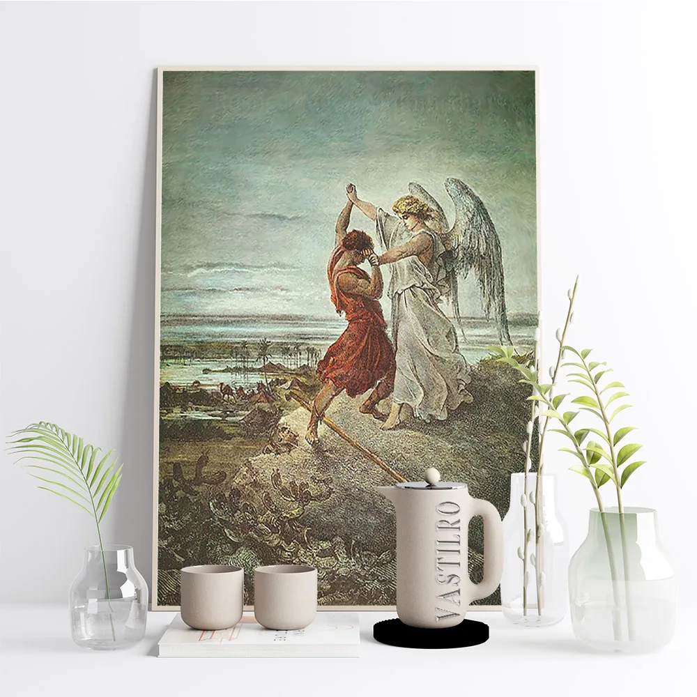 Vintage Poster Jacob Wrestling with the Angel Gustave Dore Antique Oil Painting Reproduction Canvas Print Gothic Wall Art Decor