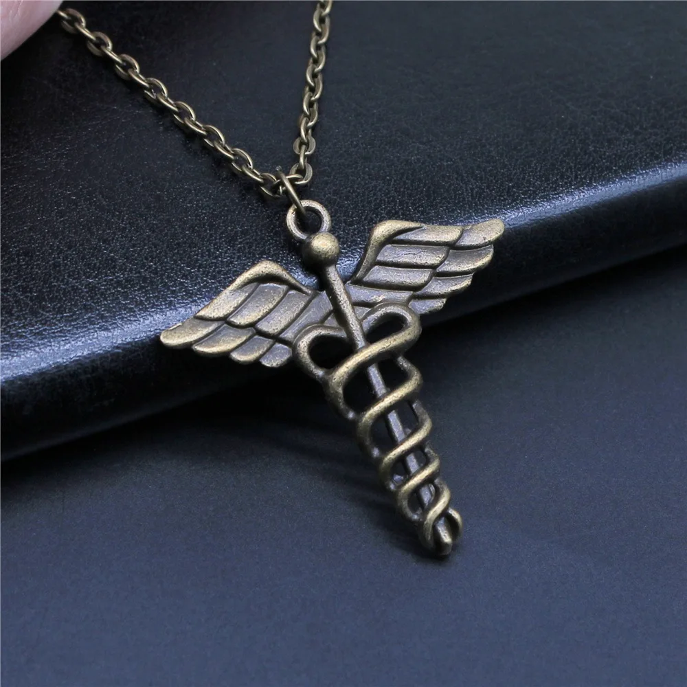 Dropshipping Antique Bronze Color 40x40mm Caduceus Medical Symbol Pendant Necklace For Women