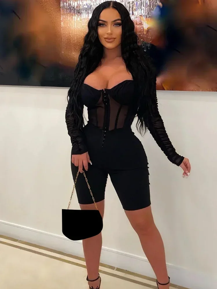 GUWU Ruched Corset Mesh Patchwork Romper Women Jumpsuits Long Sleeve Buckle Short Jumpsuits Workout Overalls Sexy Party Clubwear