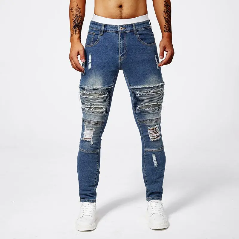 

Premium Torn Slim Fit Men Jeans Skinny Stretch Lightweight Summer Casual Korean Style Blue Denim Trousers Trendy Streetwear