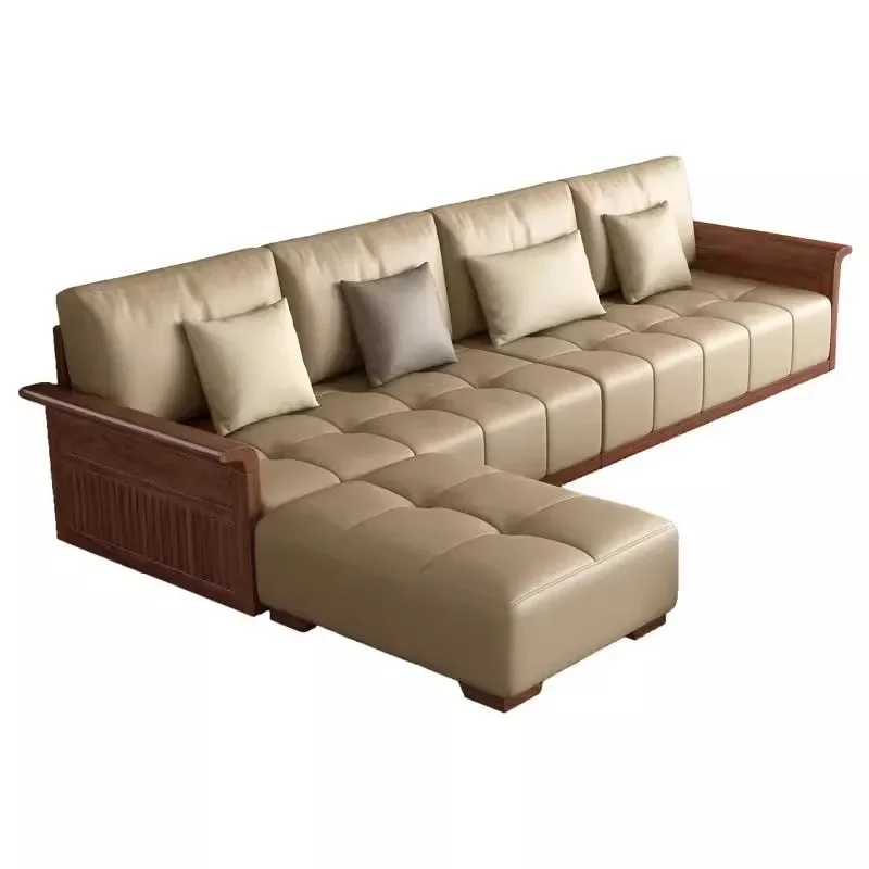 

Light luxury black walnut solid wood leather sofa simple and beautiful living room large flat leather art furniture