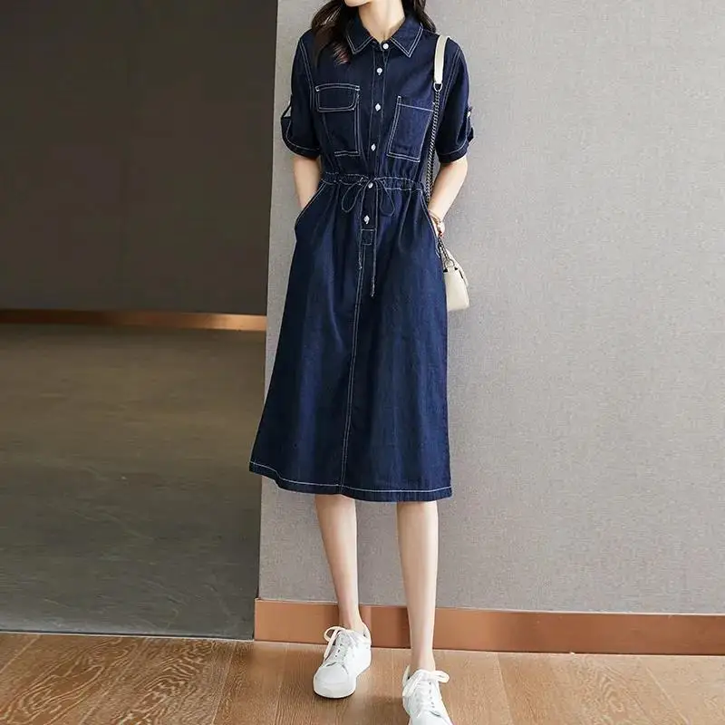 Female Clothing Korean Denim Dresses A-Line Waist Summer New Fashion Drawstring Basic Turn-down Collar Button Vintage Midi Dress