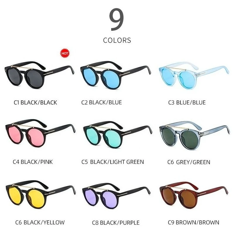 Trendy Retro Round Rivet Sunglasses Women 2025 Brand Double Bridge Shade Eyewear Colorful Lens Gray Yellow Frame Men Sun Glasses 5