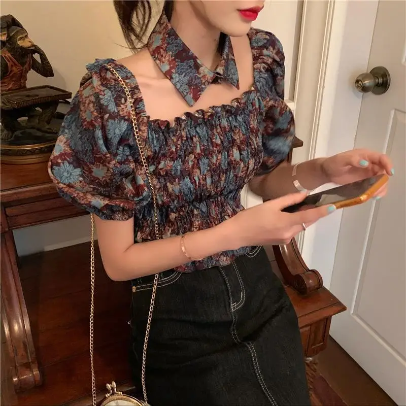 Summer New turn-down collar Simple Basic Chicly Puff Sleeve Floral Top young sweet Korean Street Shirt T-Shirt Women clothing