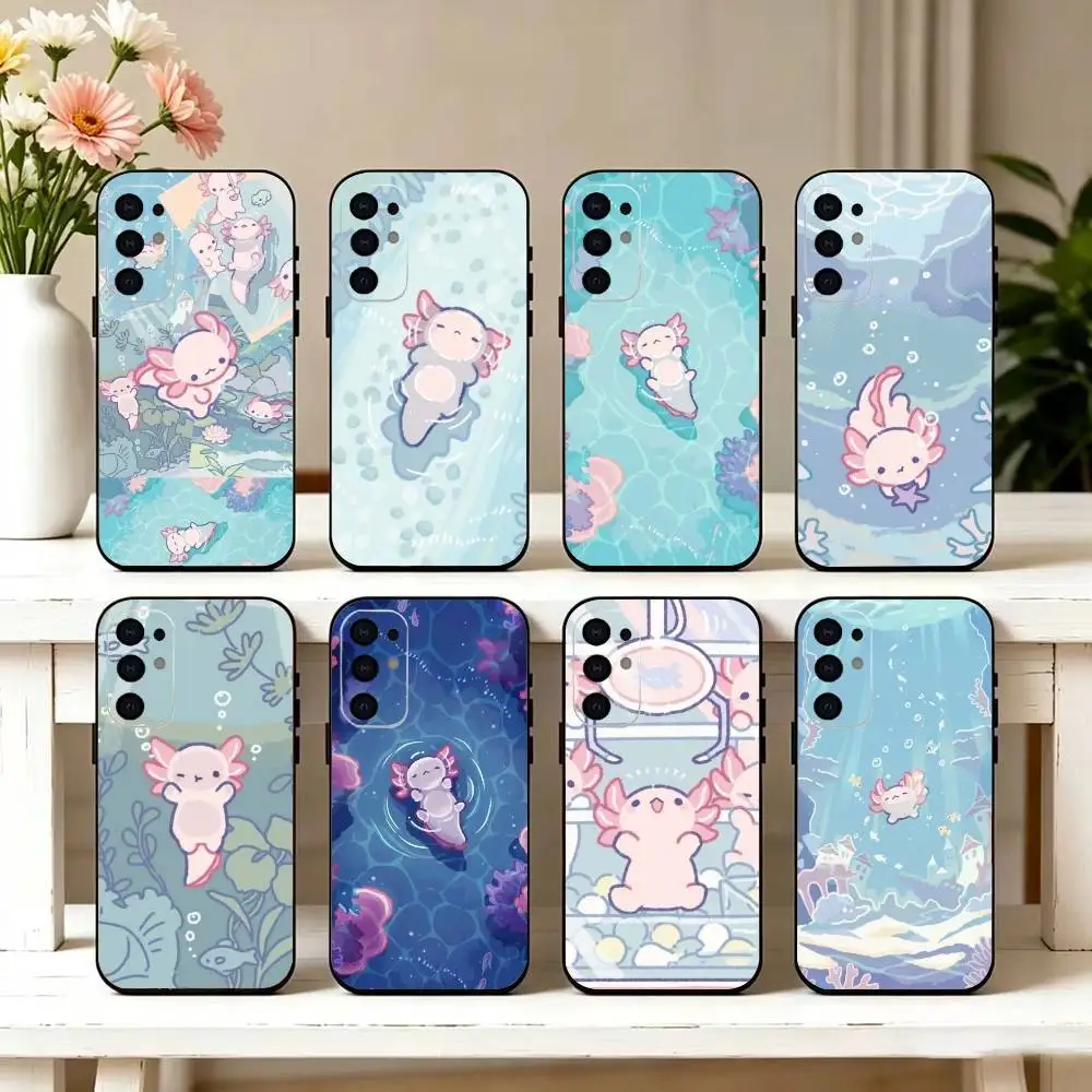 Cute Axolotl Phone Case Black Silicone Soft For Samsung S25,S24,S21,S22,S23,S30,Ultra,S20,Plus,Fe,Lite