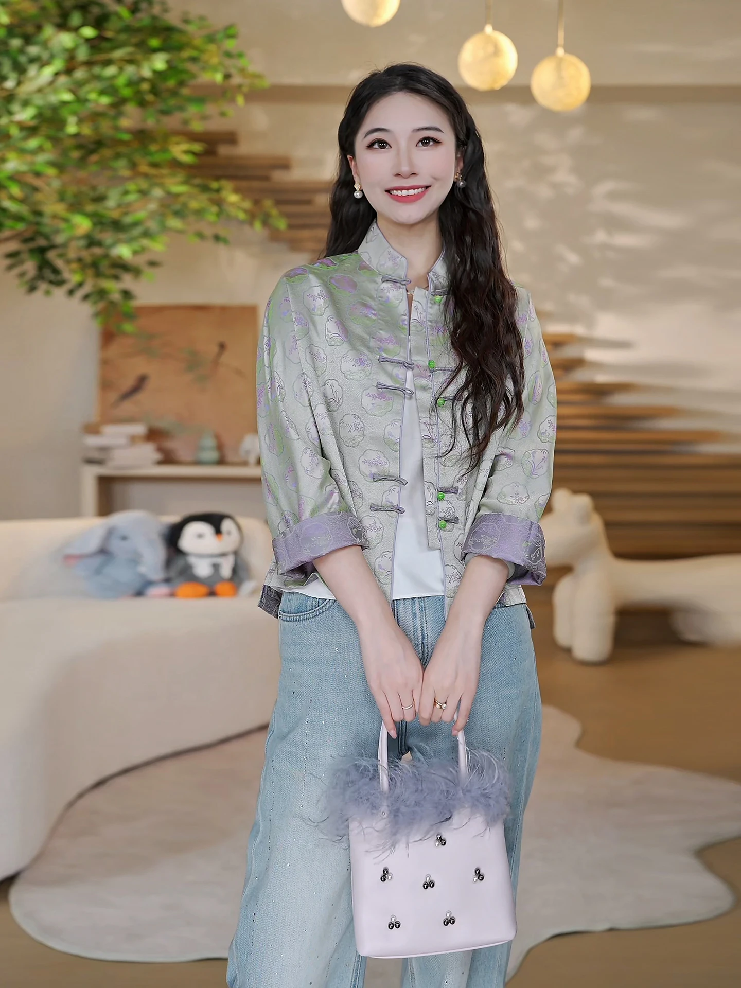 

Двусторонняя шелковая женская куртка в новом китайском стиле, модная, универсальная, стройнящая, с длинными рукавами, верхняя одежда.