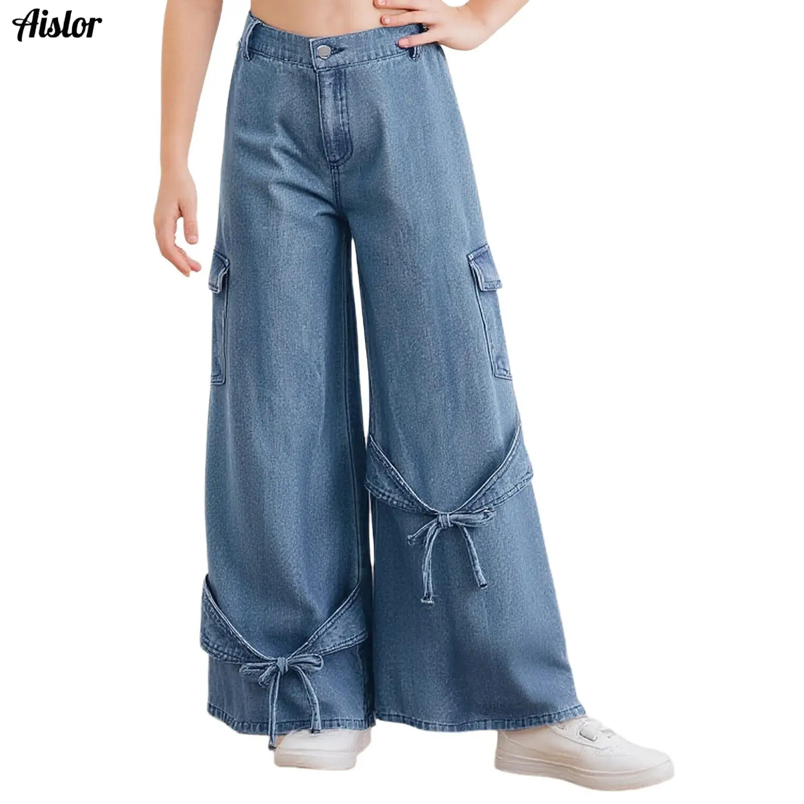 

Girl's Y2K Bowknots Cargo Pants Baggy Jeans Casual Fashion Zipper Fly Wide-Leg Denim Pants with Flap Pockets for Skateboarding