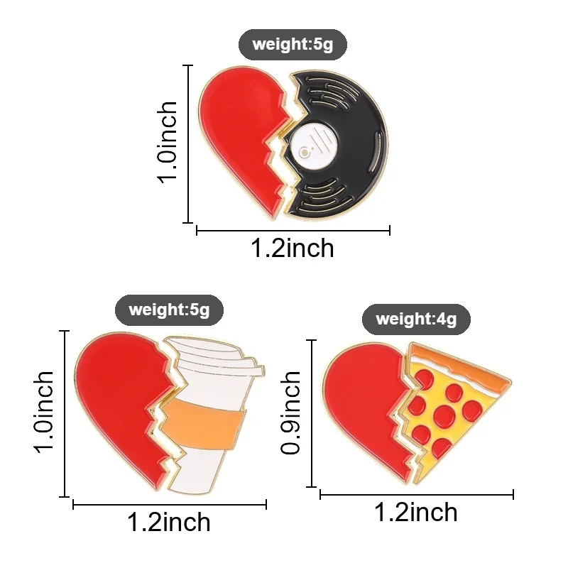Split Heart Food Vinyl-Schallplatten-Emaille-Abzeichen, süße gebrochene Herz-Anstecknadel, Brosche, Metall-Reversdekoration für Jacke, Rucksack, Geschenk – Detail 1