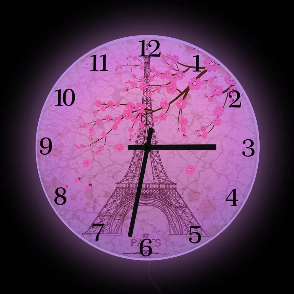 

Eiffel Tower Sakura Modern Design Illuminated Wall Clock For Girl Room European Home Decor Paris Pink Flowers LED Lighting Watch