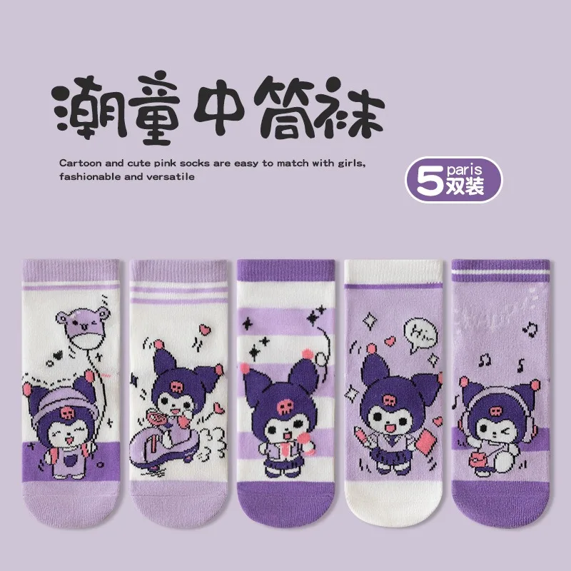 5 pares de calcetines a media pantorrilla Sanrio Kuromi para niña, nuevos calcetines de algodón con dibujos de Hello Kitty para otoño, regalos para niñas