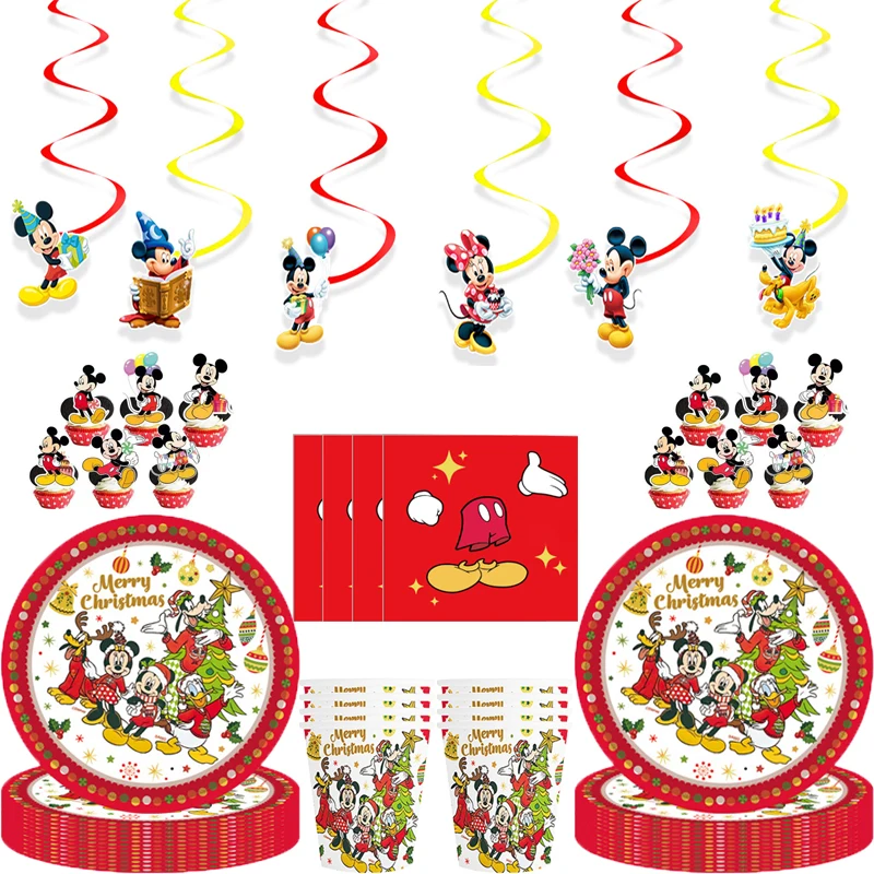 Mickey Mouse Christmas Party Decorations Kids Balloons Disposable Tableware Banner Cups Christmas Boy Party Supplies Kid Gift