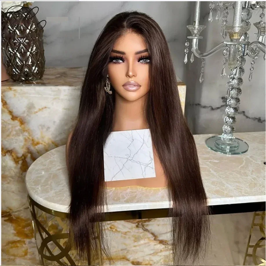 Long 26Inch Glueless 200Density Brown Blonde Silky Straight Lace 5x5 Silk Base Human Hair Wig For Women BabyHair Preplucked