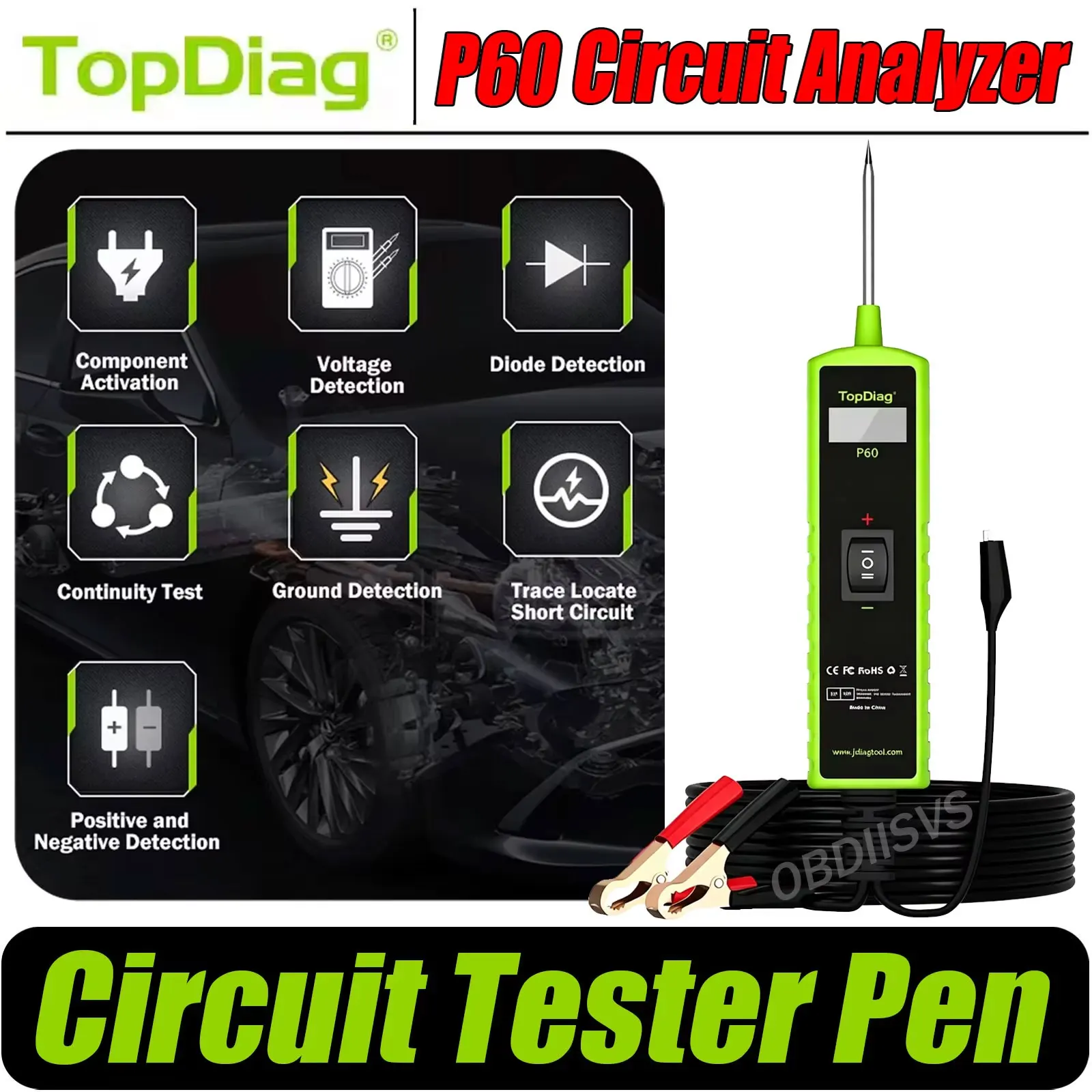 Topdiag P60 Automotive Circuit Tester Pen 12V Car Diagnostic Scanner Electric System Tester Motorcycle Circuit Analyzer Tool