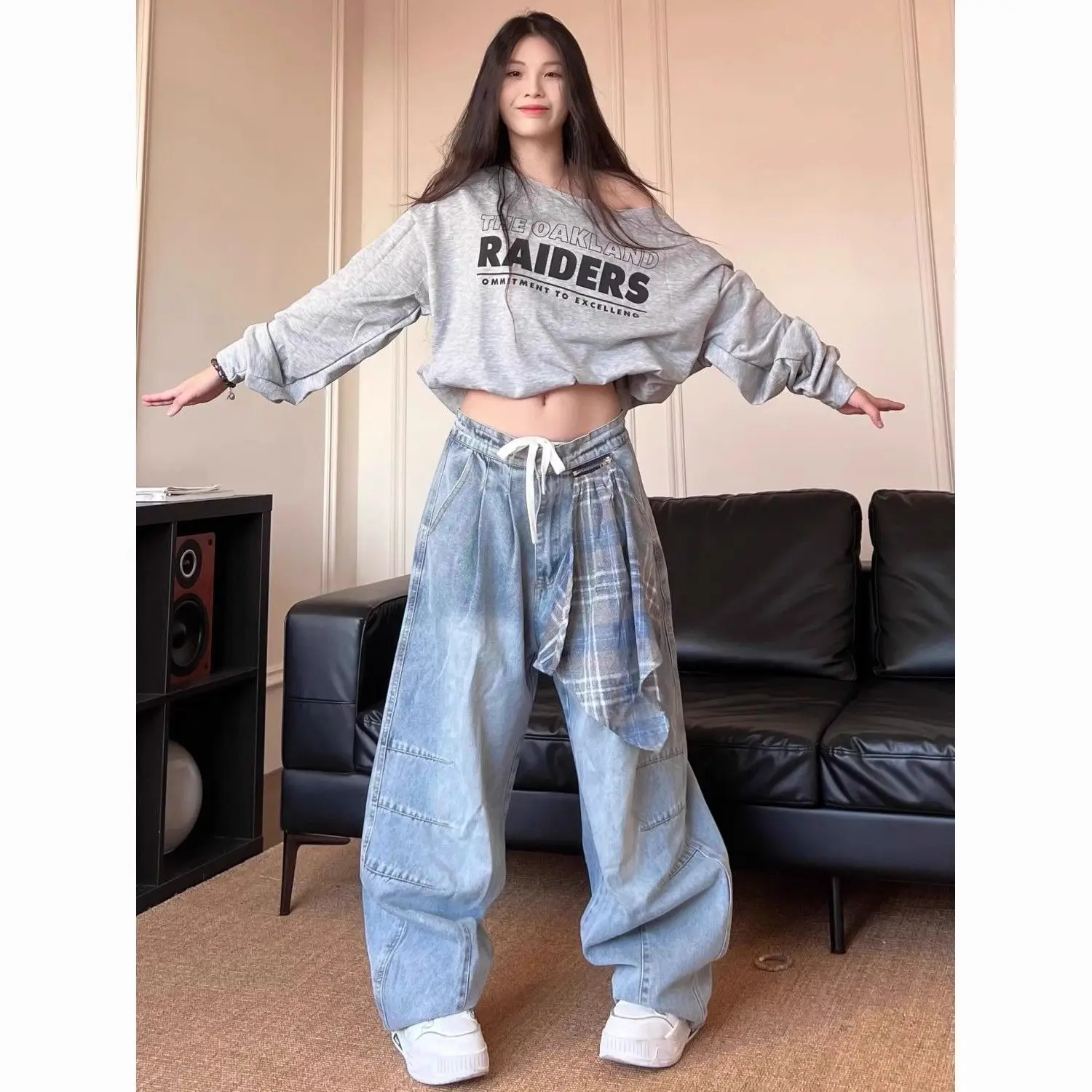 

American Retro Zipper Design Square Scarf Baggy Jeans Women High Waist Harajuku Fashion Korean Streetwear Y2k Clothes Wide Pants