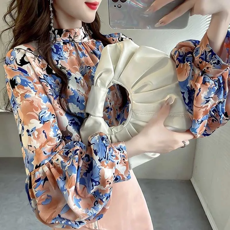 Vintage Printing Folds Floral Lantern Sleeve Blouses Women Clothing 2024 Spring Summer New Loose Korean Tops Office Lady Shirts