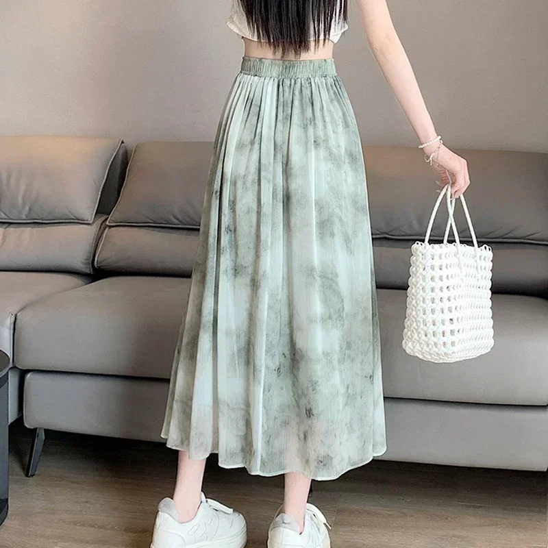 여름 쉬폰 라인 스커트 여성 2025 빈티지 한국 패션 Y2k 의류 높은 허리 Faldas 캐주얼 탄성 긴 Pleated 스커트