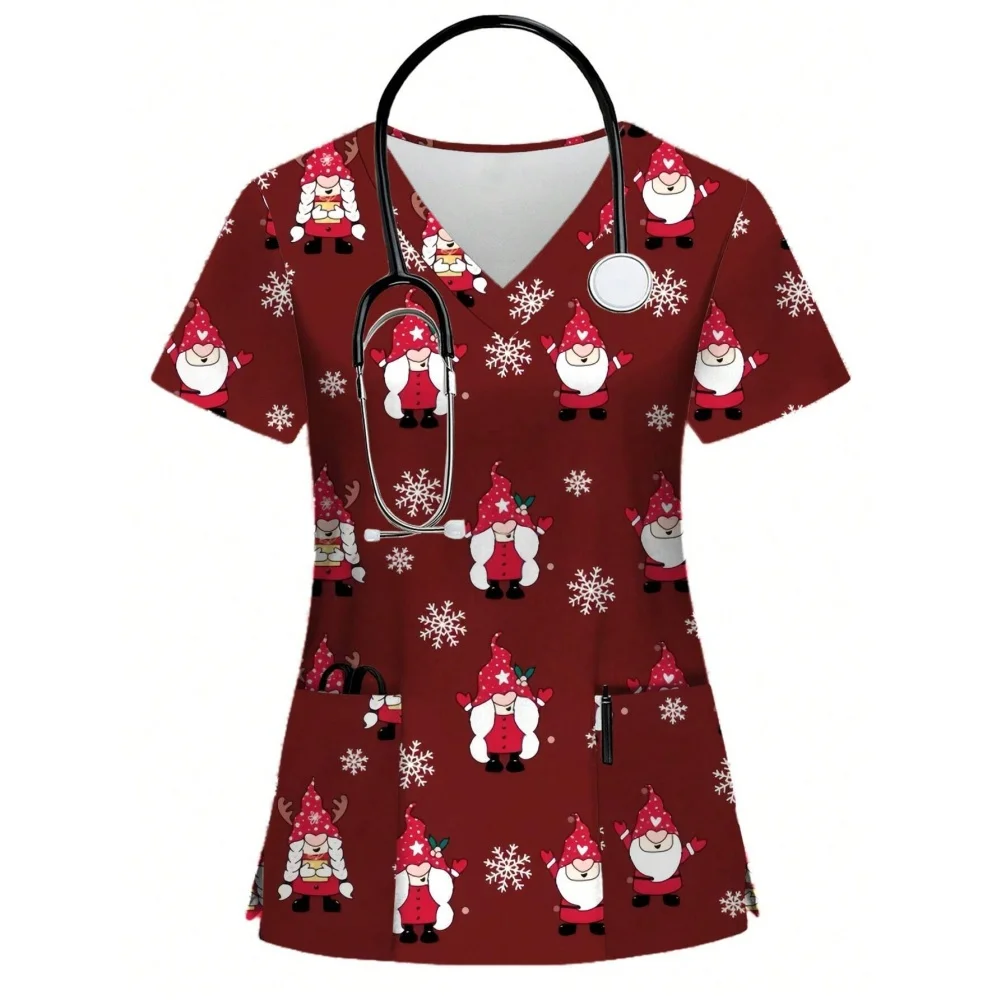 New Year 2026 Festival Short Sleeve Clinical Uniforms Women's Casual Minimalist All-Over Christmas Print Nurse Scrub Uniform Top