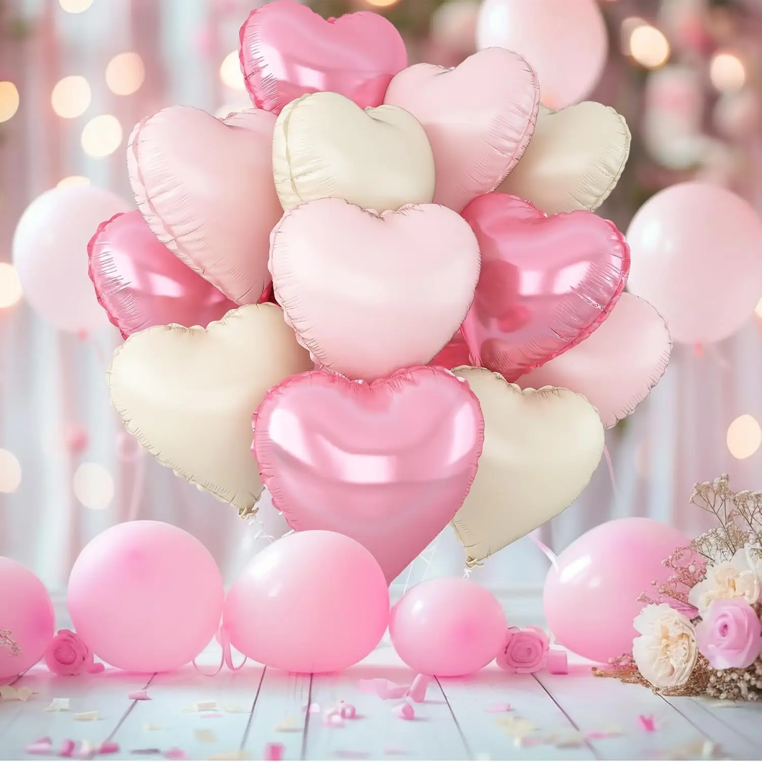 12Pcs Baby Pink Cream White Heart Shaped Foil Balloons,18Inch Heart Balloon for Birthday Anniversary Wedding Valentine\'s Day