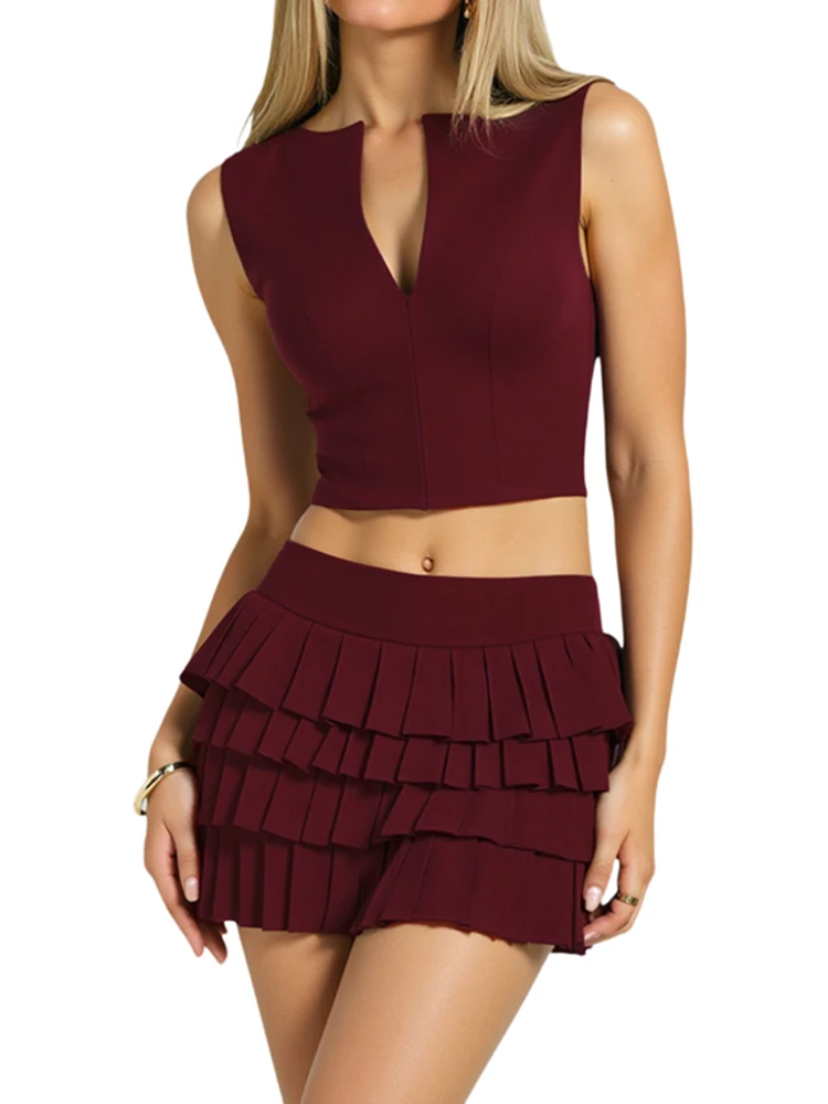 

Mia Muse Select, летние удобные комплекты, базовые комплекты 2025, простой топ без рукавов с v-образным вырезом, мини-юбки с рюшами, повседневные комплекты