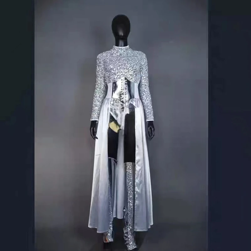 Silver Sequin Sexy Bodysuit Dress Bar Commercial Performance Party Prom Costume GOGO Show Singer Nightclub Dance Team Solo Wear