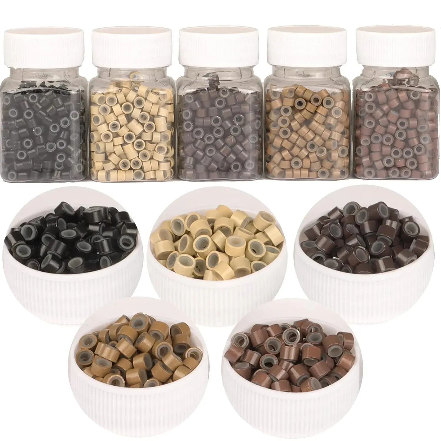 1000Pcs Hair Extentions Micro Rings Links Beads 5mm Silicone Lined Beads for Human Hair Extensions Tool-Multi-colored