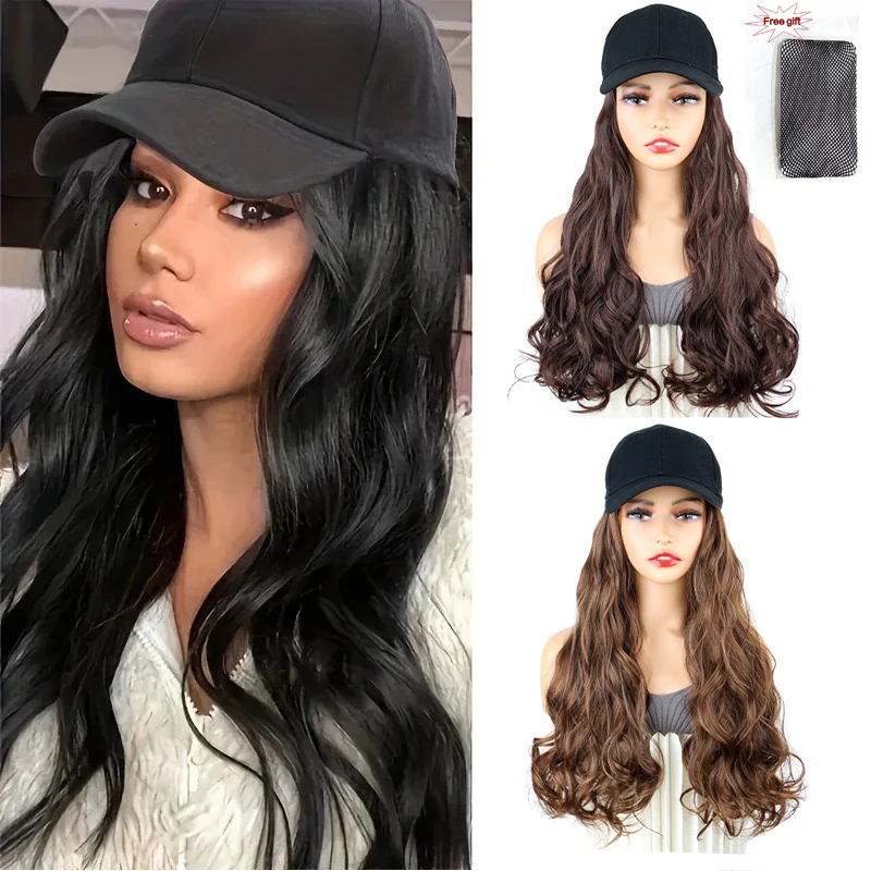 

Synthetic Wig Hat Female Black Long Curly Hair Baseball Cap Fashion Adjustable festival Cap Wig Cosplay