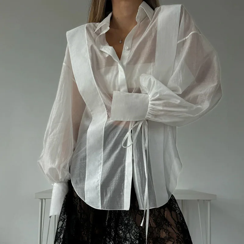 

2025 new Tencel Sunscreen Women's Shirt Design Perspective Lapel Lantern Sleeve White Shirt Top