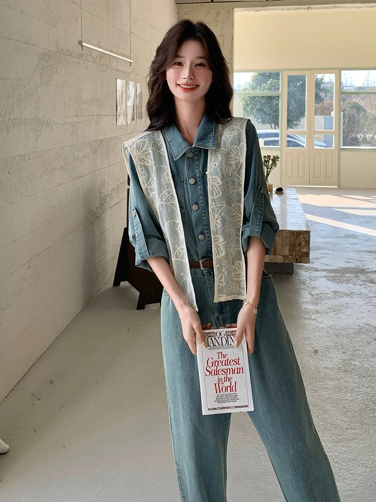 Niebieskie, codzienne spodnie dżinsowe z koronką na ramieniu, jednoczęściowe, damskie, wiosenno-jesienne, nowe, luźne, z szerokimi nogawkami, z wysokim stanem, długie.