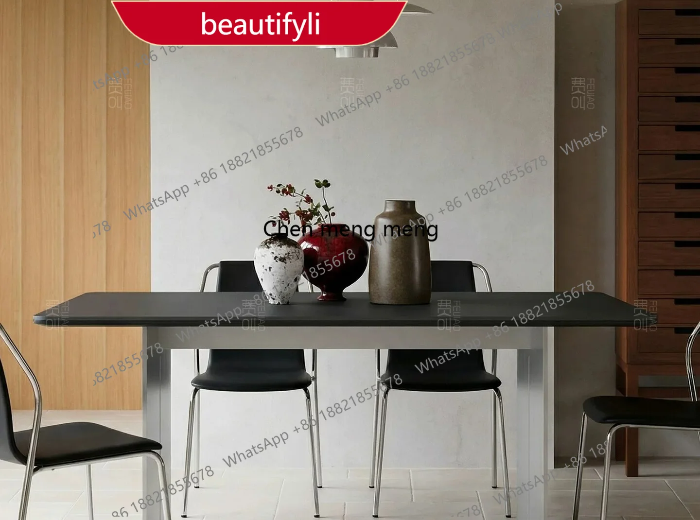 

A38 New Bauhaus stainless steel Delifeng pure black rock slab dining table household rectangle