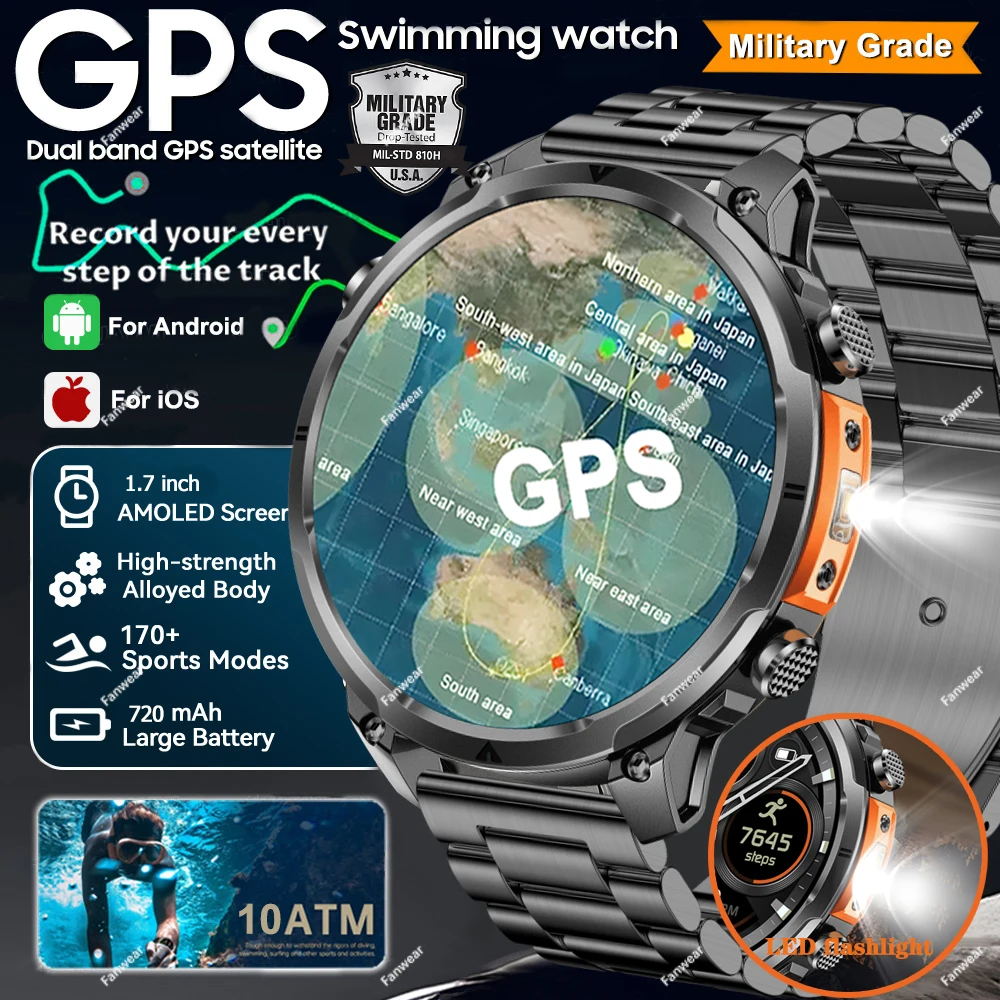 Military rugged GPS smart watch LED flashlight built-in GPS compass barometric altimeter 1.85-inch AMOLED screen 10ATM waterproo