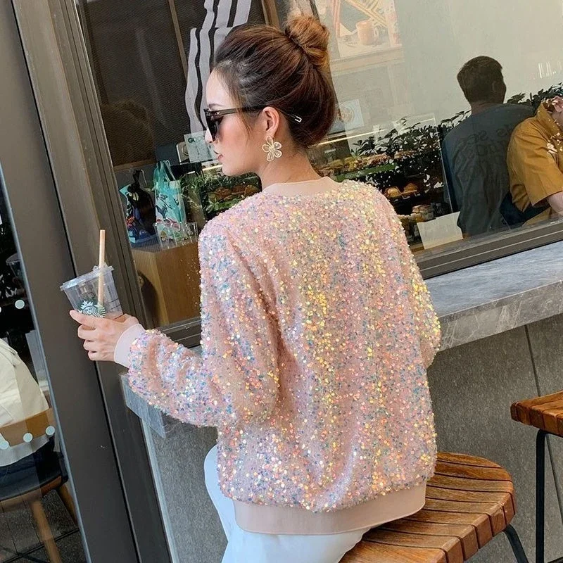 Women's Spring Autumn Glitter Sequin Baseball Jacket with Heavy Embroidery Loose Fit Korean Style Long Sleeve Crop Outerwear​
