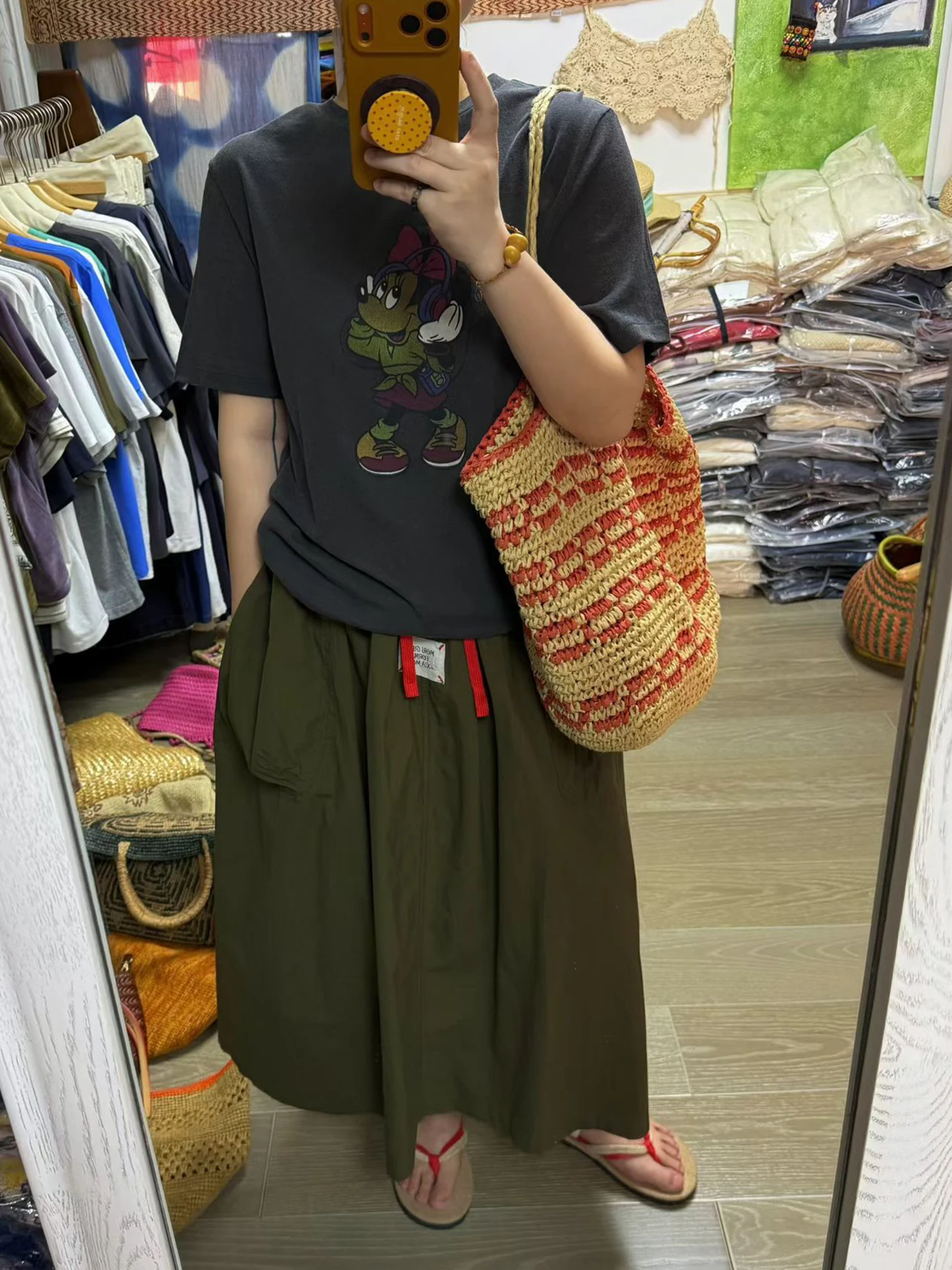 

Spring Summer Retro Military Green Elastic Waist Drawstring Pocket Label plus Size Women's Skirt for Pear Body Types