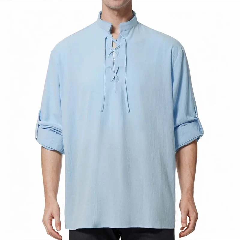 2026 Adult Men Viking Pirate Shirt Retro Style Lace Up Collar Jacobite Ghillie Kilt Henley Shirts Medieval Blouse 583CI view 4