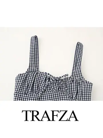 TRAFZA 여름 여성 패션 슬링 탑 여성 백리스 스퀘어 칼라 보우 레이스 업 장식 탄성 격자 무늬 민소매 짧은 탑